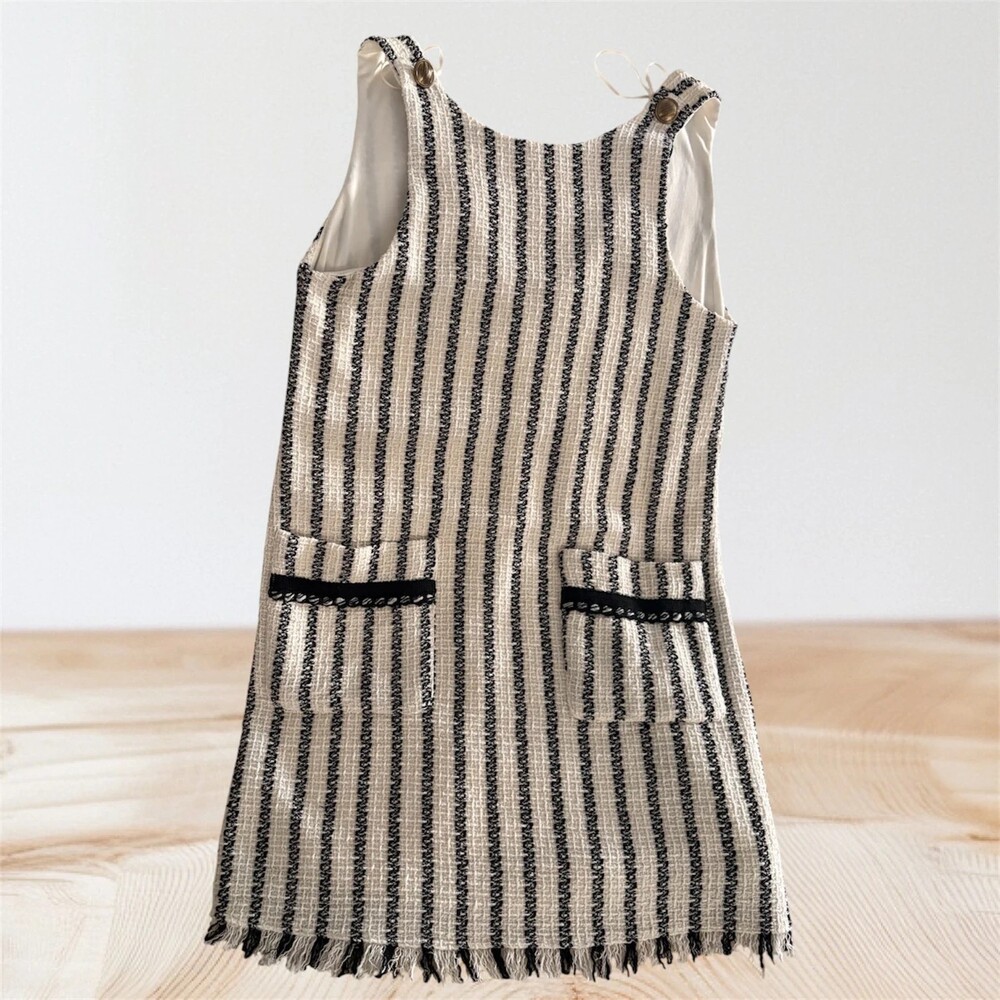 TRF Zara Women’s Cream Black Striped Tweed Shift Dress Sleeveless Pocket Mini Dr